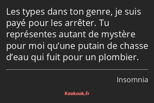 Les types dans ton genre, je suis payé pour les arrêter. Tu représentes autant de mystère pour moi…