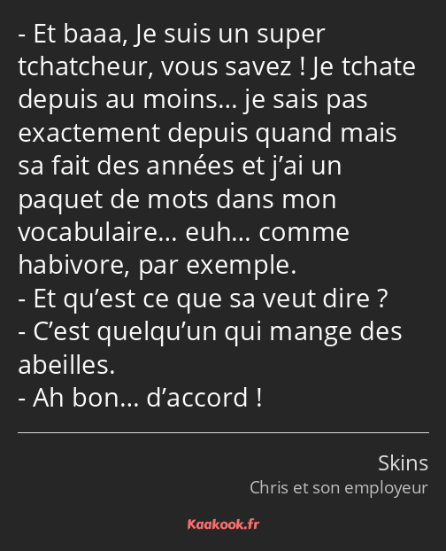 Et baaa, Je suis un super tchatcheur, vous savez ! Je tchate depuis au moins… je sais pas…